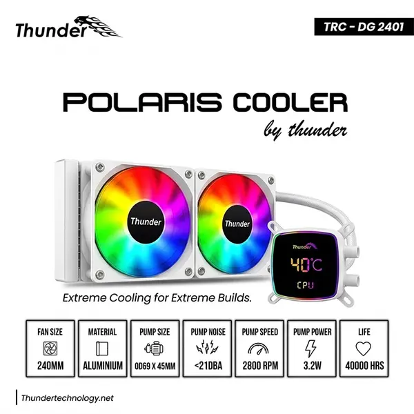 Thunder Polaris 240mm LCD Display AIO Liquid CPU Cooler White, 240mm Radiator, Integrated LCD Display, Dual Fan Cooling System, High-Performance All-In-One Liquid Cooling Solution