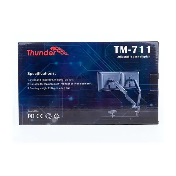 Thunder Dual Monitor Arm TM-711 Hydraulic Desk Mount, Dual Gas Spring Monitor Arm, Dual VESA 75×75/100×100 Support, Ergonomic Height Adjustable Monitor Stand