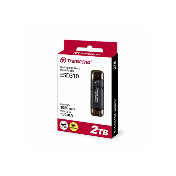Transcend ESD310 2TB Portable External SSD, USB 3.2 Gen 2 Type-A & Type-C Dual Connector Storage Drive, 1050MB/s High-Speed Solid State Drive