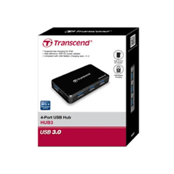 Transcend HUB3K Powered 4-Port USB 3.1 Gen 1 Hub with Power Adapter, 5Gbps SuperSpeed Data Transfer, Fast Charging Port, Desktop and Laptop USB Expansion Hub