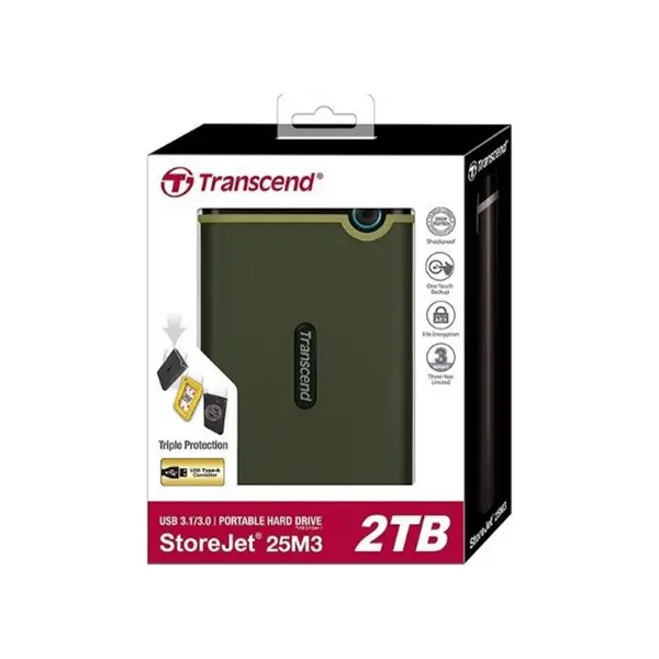 Transcend StoreJet 25M3 2TB Portable Hard Drive, USB 3.1 High-Speed Interface, Military-Grade Shock Resistant Design, Portable External Storage Drive for Backup and Data Protection