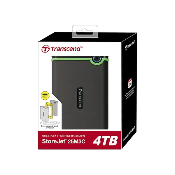 Transcend Store Jet 25M3C 4TB External Hard Drive, USB Type-C Interface, USB 3.1 Gen 1 High-Speed Connectivity, Three-Stage Anti-Shock Protection System, Portable Rugged Storage Solution Black