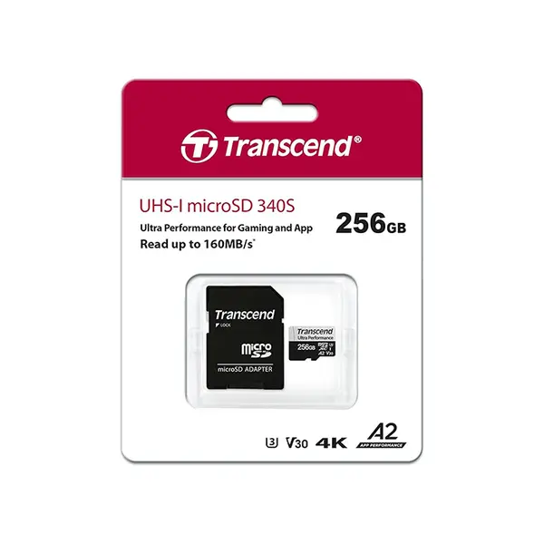 Transcend USD340S 256GB microSDXC UHS-I Memory Card with SD Adapter, Up to 160MB/s Read Speed, A2 U3 V30 Performance, 4K Ultra HD Recording Storage Card