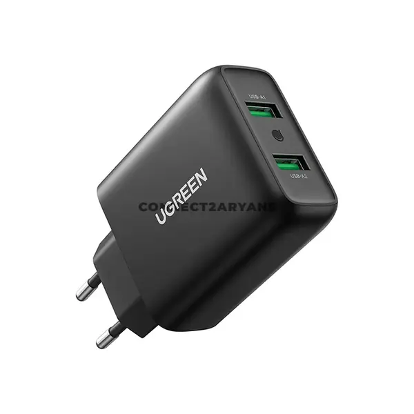 UGREEN 10216 36W Dual USB-A Quick Charge 3.0 Fast Wall Charger Black, 18W QC 3.0 Per Port, FCP Fast Charging, Dual-Device Charging, Intelligent Current Adjustment, Multi-Layer Safety Protection & Compact Travel Design