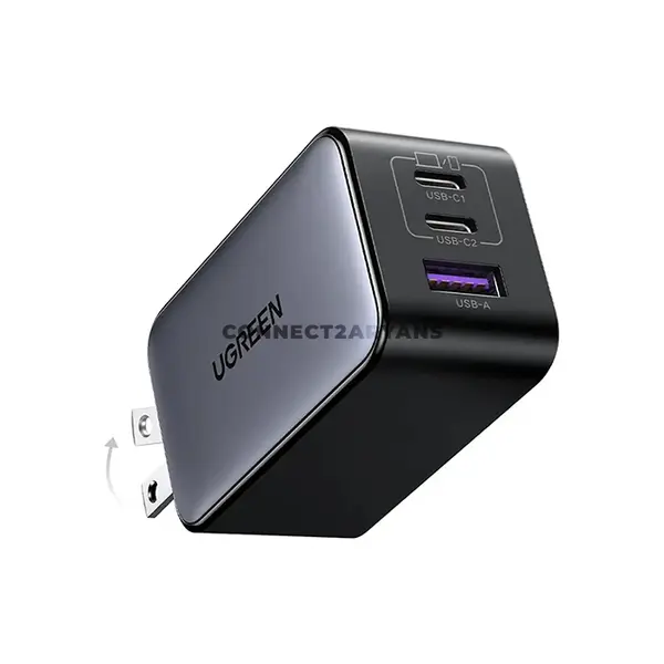 UGREEN 10334 Nexode 65W USB-C GaN 3-Port Fast Wall Charger Black US Plug, Dual USB-C & USB-A Ports, PD 3.0, QC 4.0+, PPS, 22.5W USB-A, Smart Power Distribution & Foldable Plug