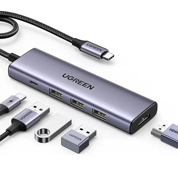 UGREEN 15597 USB-C to HDMI + 3×USB 3.0 + PD Power Converter 5-in-1, Multiport USB-C Hub, 4K Display Adapter