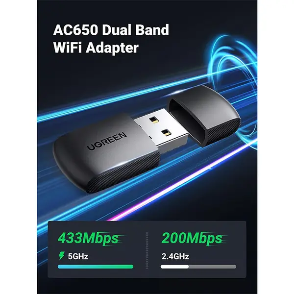UGREEN 20204 AC650 11ac Dual-Band Wireless USB Adapter, WiFi 5 USB Dongle, 2.4GHz and 5GHz Dual-Band Connectivity, High-Speed Wireless Internet Adapter for Desktop and Laptop PCs