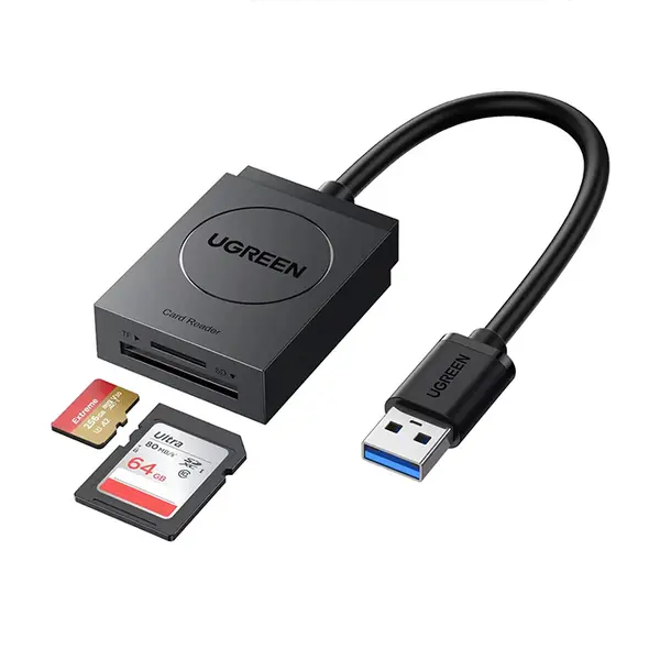 UGREEN 20250 USB 3.0 Type-A Card Reader, 5Gbps High-Speed Data Transfer, SD and microSD Dual Slot Support, 15cm Cable Design, Plug-and-Play Memory Card Adapter Black