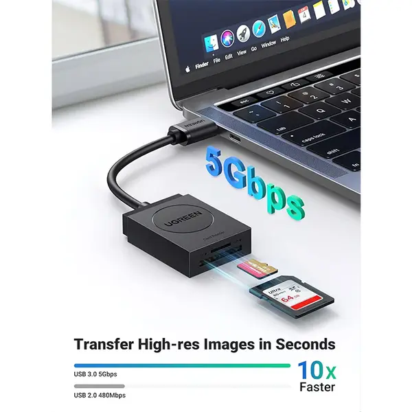 UGREEN 20250 USB 3.0 Type-A Card Reader, 5Gbps High-Speed Data Transfer, SD and microSD Dual Slot Support, 15cm Cable Design, Plug-and-Play Memory Card Adapter Black