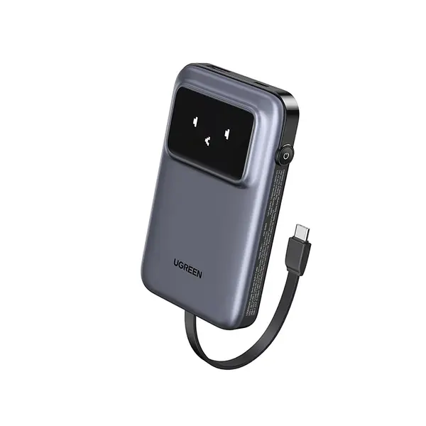 UGREEN 35603B 10000mAh Power Bank with Built-In USB-C Cable, 30W Two-Way Fast Charging, Smart TFT Display, 3-Device Simultaneous Charging, Portable Power Bank