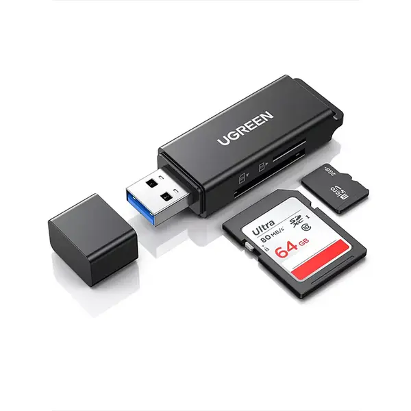 UGREEN 40752 USB 3.0 to SD TF Dual Card Reader, 5Gbps High-Speed Data Transfer, USB Type-A Interface, SD and microSD Memory Card Adapter Black