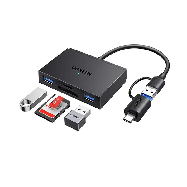 UGREEN 45167 USB-C & USB-A Card Reader Hub, 5Gbps Transfer Speed, SD TF Slots, Dual USB-A Ports, Black