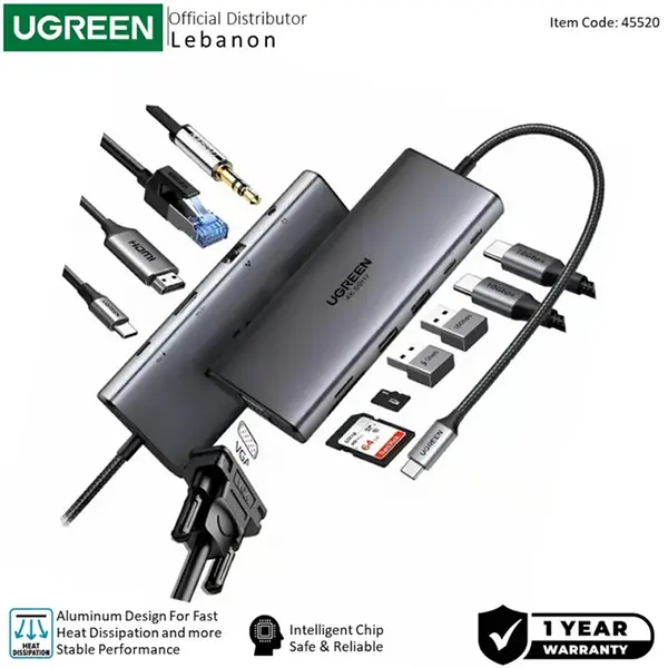 UGREEN 45520 USB-C to 2×USB-C 3.2 + USB-A 3.2 + USB-A 3.0 + HDMI + VGA + RJ45 + SD/TF + 3.5mm AUX + PD Converter 10Gbps 4K@60Hz 11-in-1 Hub