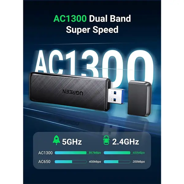 UGREEN 50340 AC1300 Wireless Network Adapter, Dual-Band WiFi 5 USB Adapter, High-Speed Wireless Connectivity, 2.4GHz and 5GHz Support, USB Wireless Internet Dongle for Desktop and Laptop PCs