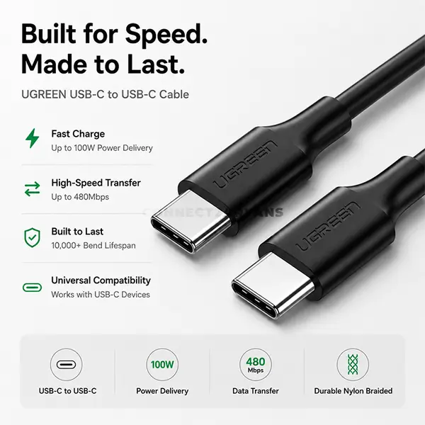UGREEN 50997 60W USB-C to USB-C PD 3.0 Fast Charging & Data Cable 1M Black, 3A Power Delivery, 480Mbps Data Transfer, Gold-Plated Connectors, Shielded Copper Conductors for iPhone 15, MacBook Pro, iPad Pro, Samsung Galaxy, Google Pixel, PS5 & Nintend