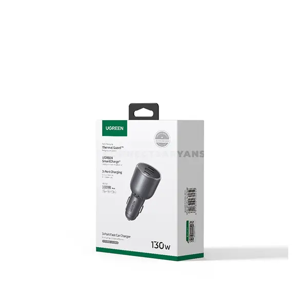 UGREEN 55511 130W 3-Port Fast Car Charger with 100W USB-C Cable, 100W USB-C PD 3.0, Dual USB-C & USB-A Ports, QC 4.0, PPS, SCP, AFC Fast Charging, Thermal Guard & 12V-24V Vehicle Compatibility
