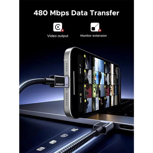 UGREEN 55775 60W USB-C to USB-C PD Fast Charging & Data Sync Cable 2M, 60W Power Delivery, High-Speed Data Transfer, Reinforced Connectors & Durable Construction for Smartphones, Tablets, Laptops, MacBooks & USB-C PD Devices