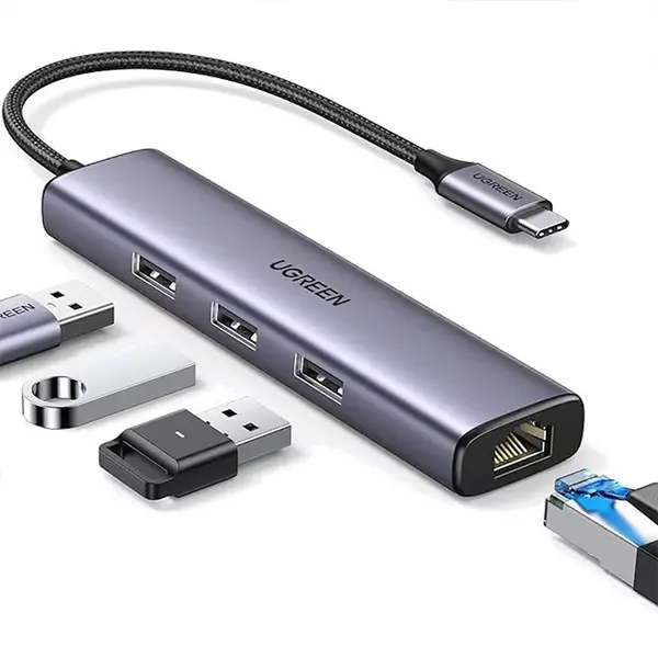 UGREEN 60600 USB-C to 3×USB 3.0 Hub + RJ45 Gigabit Ethernet Adapter 4-in-1, Multiport USB-C Hub, 1000Mbps LAN