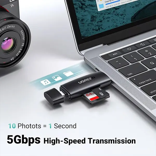 UGREEN 80191 USB-C and USB-A Dual Interface Card Reader, 5Gbps High-Speed Data Transfer, SD and microSD Dual Slot Support, Multi-Platform Memory Card Adapter Black