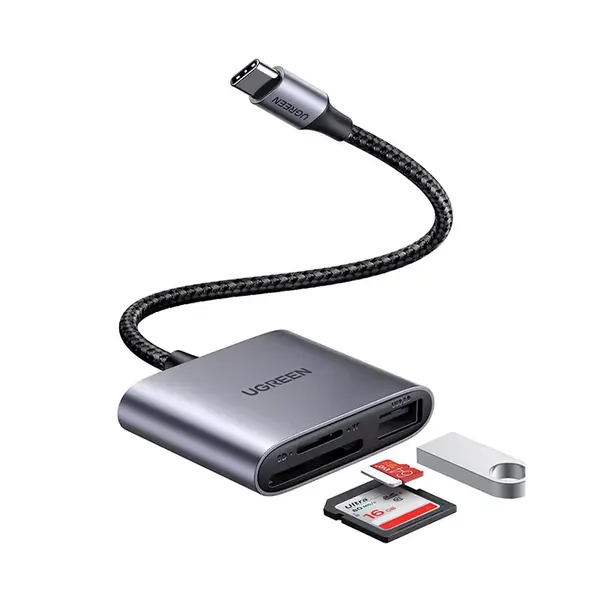 UGREEN 80798 USB-C to SD TF and USB 2.0 Card Reader, 5Gbps High-Speed Data Transfer, Dual Memory Card Slot Support, USB Type-C Multi-Function Card Adapter Black