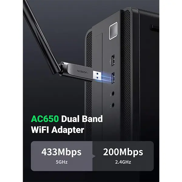 UGREEN 90339 AC650 High-Gain Dual Band Wireless USB Adapter, WiFi 5 USB Dongle, 2.4GHz and 5GHz Dual-Band Connectivity, High-Gain Antenna Design, Wireless Internet Adapter for Desktop and Laptop PCs