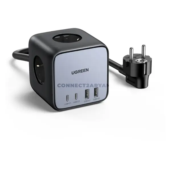 UGREEN 60113 CD268 DigiNest Cube 65W GaN Charging Station Black, 2 USB-C & 2 USB-A Fast Charging Ports, 3 AC Outlets, PD 3.0, PPS, QC 4.0+, 3680W Power Strip, 1.8M Cable & EU Plug