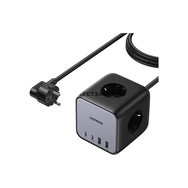UGREEN 60113 CD268 DigiNest Cube 65W GaN Charging Station Black, 2 USB-C & 2 USB-A Fast Charging Ports, 3 AC Outlets, PD 3.0, PPS, QC 4.0+, 3680W Power Strip, 1.8M Cable & EU Plug