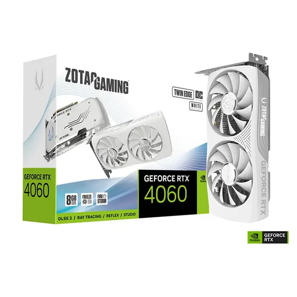 ZOTAC GAMING GeForce RTX 4060 8GB Twin Edge White Edition Graphics Card, 8GB GDDR6, 3072 CUDA Cores, 2490MHz Boost Clock, IceStorm 2.0 Dual-Fan Cooling, PCIe 4.0 x8