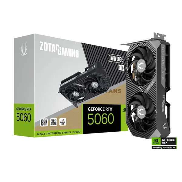 ZOTAC GAMING GeForce RTX 5060 Twin Edge OC 8GB GDDR7 Graphics Card, NVIDIA Blackwell Architecture, 3840 CUDA Cores, 2527MHz Boost Clock, 128-bit, 28Gbps Memory, PCIe 5.0 x8, DLSS 4, Dual BladeLink Fans & Metal Backplate