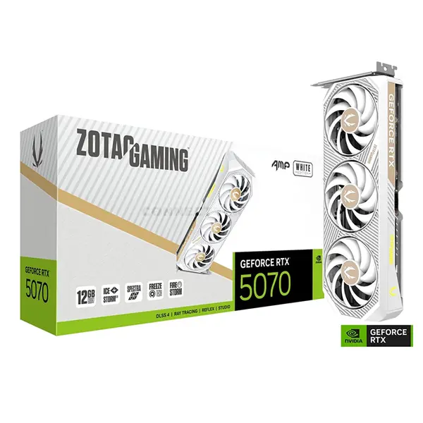 ZOTAC GAMING GeForce RTX 5070 AMP White Edition 12GB GDDR7 Graphics Card with NVIDIA Blackwell Architecture, DLSS 4, IceStorm 2.0 Cooling, Triple BladeLink Fans, PCIe 5.0 x16 & SPECTRA RGB Lighting
