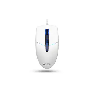 A4Tech N-530S Illuminated Backlit Silent Click Wired Optical Mouse, Blue LED Backlight, 1200 DPI Optical Sensor, 4-Way Smart Wheel, 8-in-One Gesture Support, White Edition