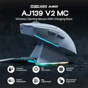 AJAZZ AJ139 V2 MC Wireless Gaming Mouse with RGB Magnetic Charging Base, PAW3311 Sensor, 12000 DPI, Tri-Mode Bluetooth 2.4GHz & USB-C Wired, 1000Hz Polling Rate, 500mAh Battery & 66g Lightweight Design