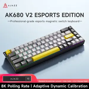 AJAZZ AK680 V2 MC Grey Yellow 68-Key Magnetic Switch Gaming Keyboard, 8KHz Polling Rate, 128K Ultra-High Scan Rate, Aluminum Alloy Positioning Plate, RGB Backlight & Compact Esports Design