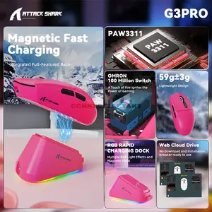 Attack Shark G3 PRO Berry Red Wireless Gaming Mouse with RGB Magnetic Charging Dock, PixArt PAW3311 Sensor, 25000 DPI, 59g±3g Ultra-Light Design, Tri-Mode Bluetooth 5.2 2.4GHz & USB-C Wired, 1000Hz Polling Rate, 400 IPS, 40G Acceleration, Omron 100 M