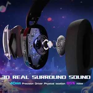 Attack Shark L60 Black Wireless Gaming Headset, 40mm Drivers, Tri-Mode 2.4GHz Bluetooth & 3.5mm Wired, 3D Surround Sound, Detachable Noise-Canceling Microphone, USB-A & Type-C 2-in-1 Receiver & Adjustable Headband