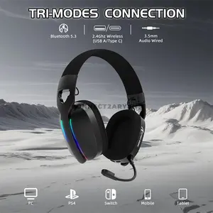 Attack Shark L90 Black Wireless Gaming Headset, 40mm Neodymium Drivers, Virtual 7.1 Surround Sound, Tri-Mode Bluetooth 5.3 2.4GHz & 3.5mm Wired, RGB Lighting, Detachable Noise-Canceling Microphone, Foldable 215g Design & 800mAh Battery