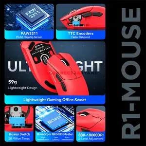 Attack Shark R1 Red Wireless Gaming Mouse, PixArt PAW3311 Sensor, 18000 DPI, 59g Ultra-Light Design, Tri-Mode Bluetooth 5.2 2.4GHz & USB-C Wired, 1000Hz Polling Rate, 400 IPS, 40G Acceleration, HUANO 80 Million Click Switches & 300mAh Battery