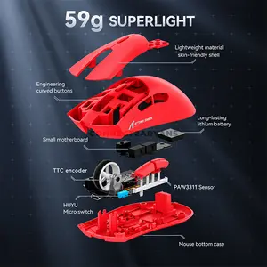 Attack Shark R1 Red Wireless Gaming Mouse, PixArt PAW3311 Sensor, 18000 DPI, 59g Ultra-Light Design, Tri-Mode Bluetooth 5.2 2.4GHz & USB-C Wired, 1000Hz Polling Rate, 400 IPS, 40G Acceleration, HUANO 80 Million Click Switches & 300mAh Battery