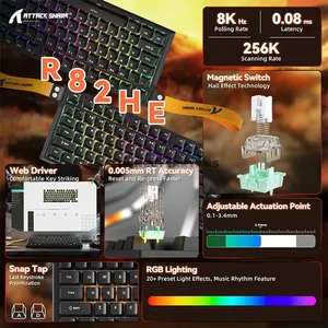 Attack Shark R82 HE Black 75% Magnetic Switch Gaming Keyboard, 80 Keys, 8000Hz Polling Rate, 256KHz Scan Rate, 0.005mm Rapid Trigger Accuracy, 0.1–3.4mm Adjustable Actuation, Hot-Swappable, PBT Double-Shot Keycaps, South-Facing 16M RGB & USB-C Wired