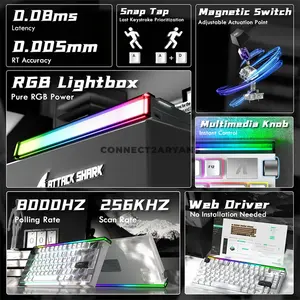 Attack Shark R85 HE Starlight White 75% Wired Magnetic Switch Gaming Keyboard, 79 Keys, Purple Mandrel Switch, 8000Hz Polling Rate, 256KHz Scan Rate, 0.005mm Rapid Trigger, 0.1–3.3mm Adjustable Actuation, Hot-Swappable, Multimedia Knob, Custom RGB Li