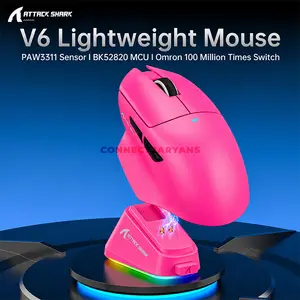 Attack Shark V6 Berry Red Wireless Gaming Mouse with RGB Magnetic Charging Dock, PixArt PAW3311 Sensor, 25000 DPI, 65g±3g Lightweight Design, Tri-Mode Bluetooth 5.2 2.4GHz & Wired, 1000Hz Polling Rate, 400 IPS, 40G Acceleration, Omron 100 Million Cli