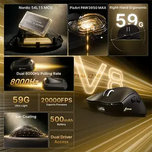Attack Shark V8 Black Ultra-Light Ergonomic Wireless Gaming Mouse, PixArt PAW3950 MAX Sensor, 42000 DPI, Dual 8000Hz Wired & Wireless Polling Rate, Nordic 54L15 MCU, 59g±3g, Tri-Mode Bluetooth 5.2 2.4GHz & Wired, 750 IPS, 65G, Omron Optical Switches 