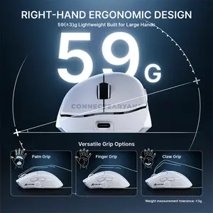 Attack Shark V8 White Ultra-Light Ergonomic Wireless Gaming Mouse, PixArt PAW3950 MAX Sensor, 42000 DPI, Dual 8000Hz Wired & Wireless Polling Rate, Nordic 54L15 MCU, 59g±3g, Tri-Mode Bluetooth 5.2 2.4GHz & Wired, 750 IPS, 65G, Omron Optical Switches 