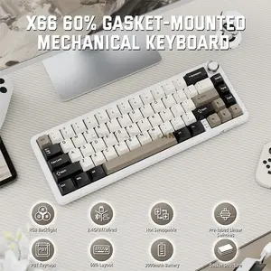 Attack Shark X66 White Cheese 60% Wireless Mechanical Gaming Keyboard, 66 Keys, Pre-Lubed Linear Strawberry Switches, Tri-Mode Bluetooth 5.0 2.4GHz & USB-C Wired, Gasket Mount, Hot-Swappable, Side-Printed PBT Keycaps, RGB & 3000mAh Battery