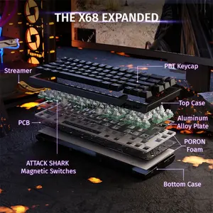 Attack Shark X68 HE Black 60% Magnetic Switch Gaming Wired Keyboard, 66 Keys, 8000Hz Polling Rate, 128K Scan Rate, 0.01mm Rapid Trigger Accuracy, Adjustable 0.1–3.4mm Actuation, Hot-Swappable Linear Magnetic Switches, PBT Double-Shot Keycaps & RGB