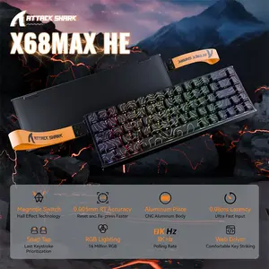Attack Shark X68 MAX HE Black Contour 60% Aluminum Magnetic Switch Gaming Keyboard, 68 Keys, CNC Aluminum Body, 8000Hz Polling Rate, 256K Scan Rate, 0.005mm Rapid Trigger Accuracy, Adjustable 0.1–3.4mm Actuation, Hot-Swappable, PBT Double-Shot Keycap