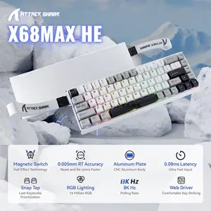 Attack Shark X68 MAX HE Starlight White 60% Aluminum Magnetic Switch Gaming Keyboard, 68 Keys, CNC Aluminum Body, 8000Hz Polling Rate, 256K Scan Rate, 0.005mm Rapid Trigger Accuracy, Adjustable 0.1–3.4mm Actuation, Hot-Swappable, PBT Double-Shot Keyc