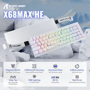 Attack Shark X68 MAX HE White Contour 60% Aluminum Magnetic Switch Gaming Keyboard, 68 Keys, CNC Aluminum Body, 8000Hz Polling Rate, 256K Scan Rate, 0.005mm Rapid Trigger Accuracy, Adjustable 0.1–3.4mm Actuation, Hot-Swappable, PBT Double-Shot Keycap