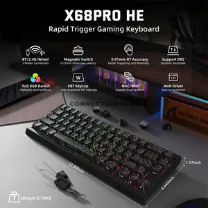 Attack Shark X68 PRO HE Black Contour 60% Wireless Magnetic Switch Gaming Keyboard, 66 Keys, Tri-Mode Bluetooth 2.4GHz & USB-C Wired, 8000Hz Polling, 0.01mm Rapid Trigger, 128K Scan Rate, Hot-Swappable, PBT Double-Shot Keycaps, RGB & 5000mAh Battery