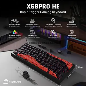 Attack Shark X68 PRO HE Black Red Contour 60% Wireless Magnetic Switch Gaming Keyboard, 66 Keys, Tri-Mode Bluetooth 2.4GHz & USB-C Wired, 8000Hz Polling, 0.01mm Rapid Trigger, 128K Scan Rate, Hot-Swappable, PBT Keycaps, RGB & 5000mAh Battery